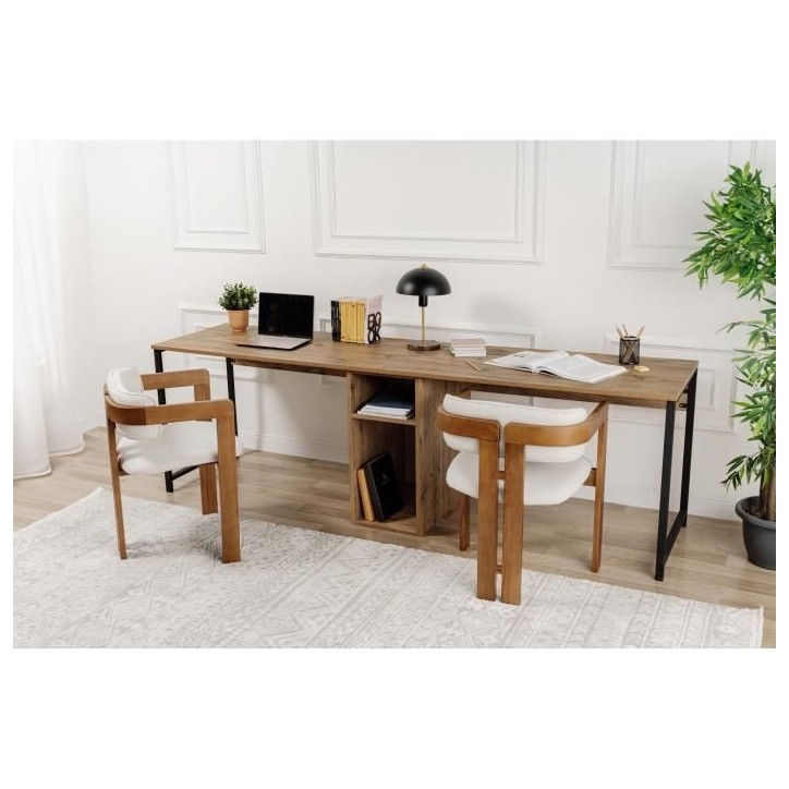 Bureau d'étude moderne avec pieds en métal - TWIN - Pin atlantique / Noir - 240 x 74 x 60 cm