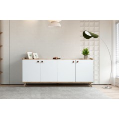 Buffet scandinave - SUMER - 4 portes - 180 x 78 x 41 cm - Chene / Blanc