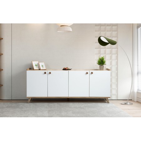 Buffet scandinave - SUMER - 4 portes - 180 x 78 x 41 cm - Chene / Blanc