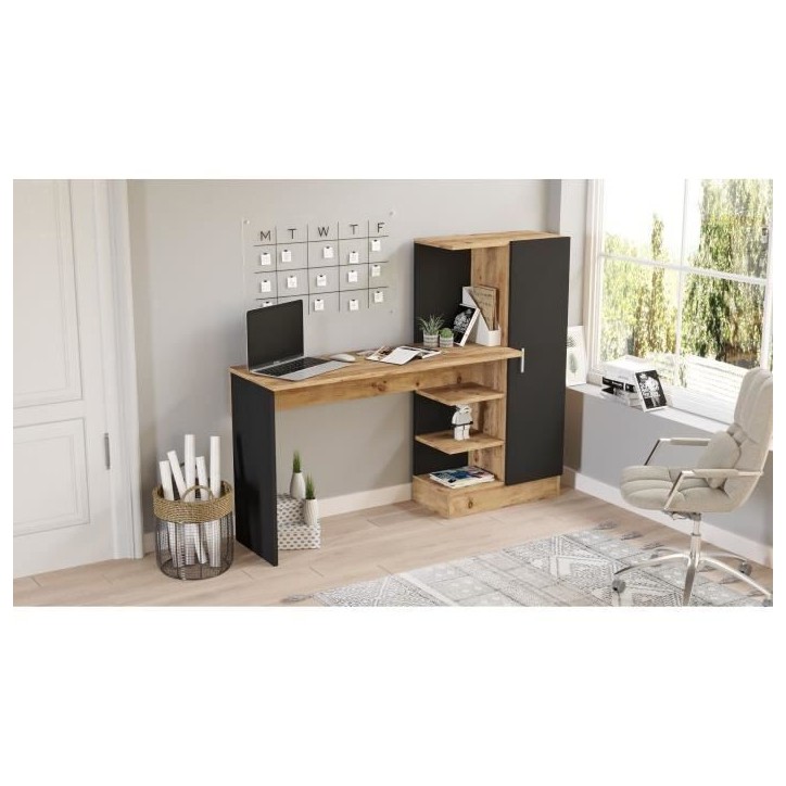 Bureau d'étude moderne - CT2 - Pin atlantique / Noir - 152,3 x 95 x 50 cm