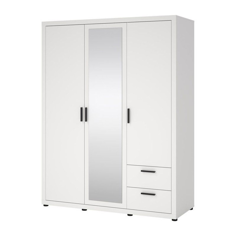 Armoire de chambre - MIRA - Blanc mat - 3 portes dont 1 avec miroir -
