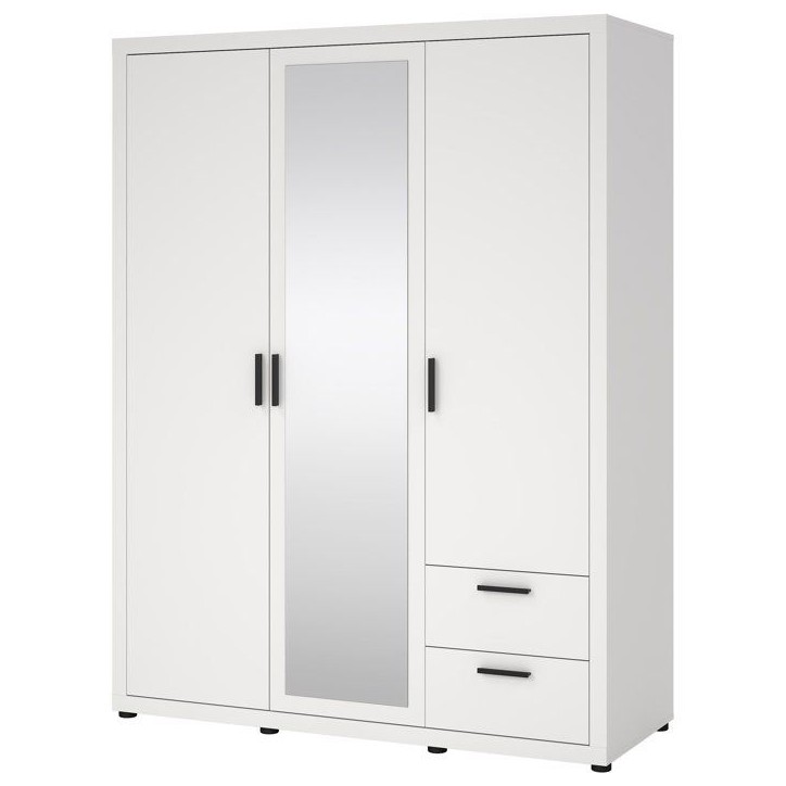Armoire de chambre - MIRA - Blanc mat - 3 portes dont 1 avec miroir - 2 tiroirs - 153,6 x 59,8 x 200,9 cm