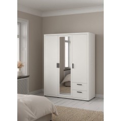 Armoire de chambre - MIRA - Blanc mat - 3 portes dont 1 avec miroir - 2 tiroirs - 153,6 x 59,8 x 200,9 cm