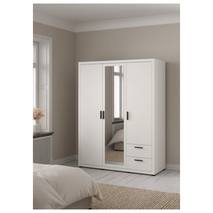Armoire de chambre - MIRA - Blanc mat - 3 portes dont 1 avec miroir - 2 tiroirs - 153,6 x 59,8 x 200,9 cm