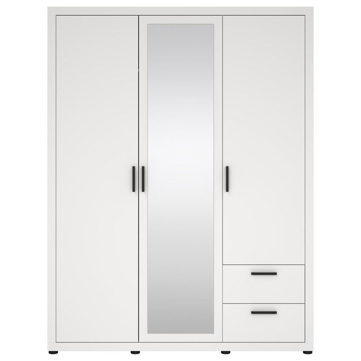 Armoire de chambre - MIRA - Blanc mat - 3 portes dont 1 avec miroir - 2 tiroirs - 153,6 x 59,8 x 200,9 cm
