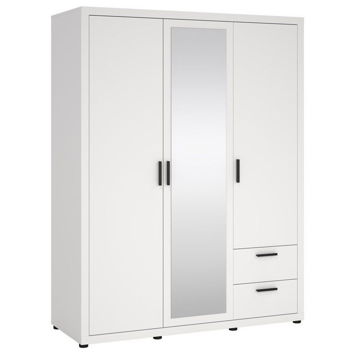 Armoire de chambre - MIRA - Blanc mat - 3 portes dont 1 avec miroir - 2 tiroirs - 153,6 x 59,8 x 200,9 cm