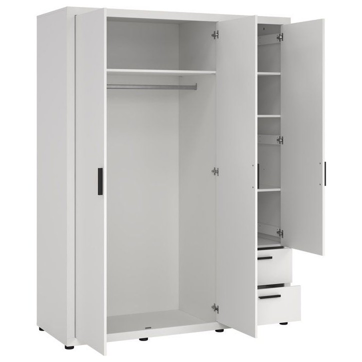 Armoire de chambre - MIRA - Blanc mat - 3 portes dont 1 avec miroir - 2 tiroirs - 153,6 x 59,8 x 200,9 cm