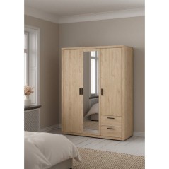 Armoire de chambre - MIRA - Chene - 3 portes dont 1 avec miroir - 2 ti