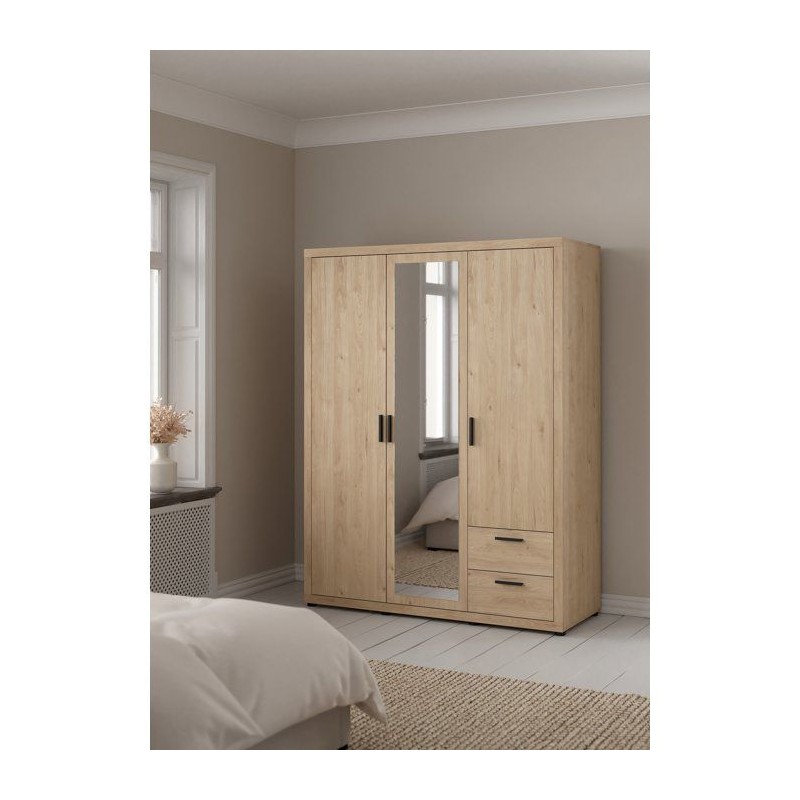 Armoire de chambre - MIRA - Chene - 3 portes dont 1 avec miroir - 2 ti