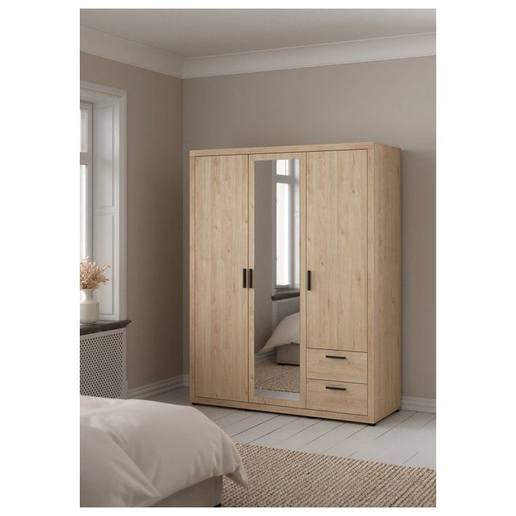 Armoire de chambre - MIRA - Chene - 3 portes dont 1 avec miroir - 2 tiroirs - 153,6 x 59,8 x 200,9 cm Armoire de chambre - MIRA - Chene - 3 portes dont 1 avec miroir - 2 tiroirs - 153,6 x 59,8 x 200,9 cm
