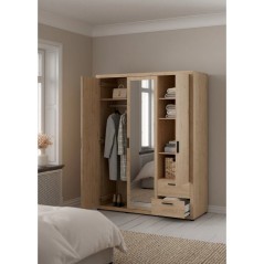 Armoire de chambre - MIRA - Chene - 3 portes dont 1 avec miroir - 2 tiroirs - 153,6 x 59,8 x 200,9 cm