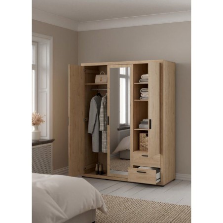 Armoire de chambre - MIRA - Chene - 3 portes dont 1 avec miroir - 2 tiroirs - 153,6 x 59,8 x 200,9 cm