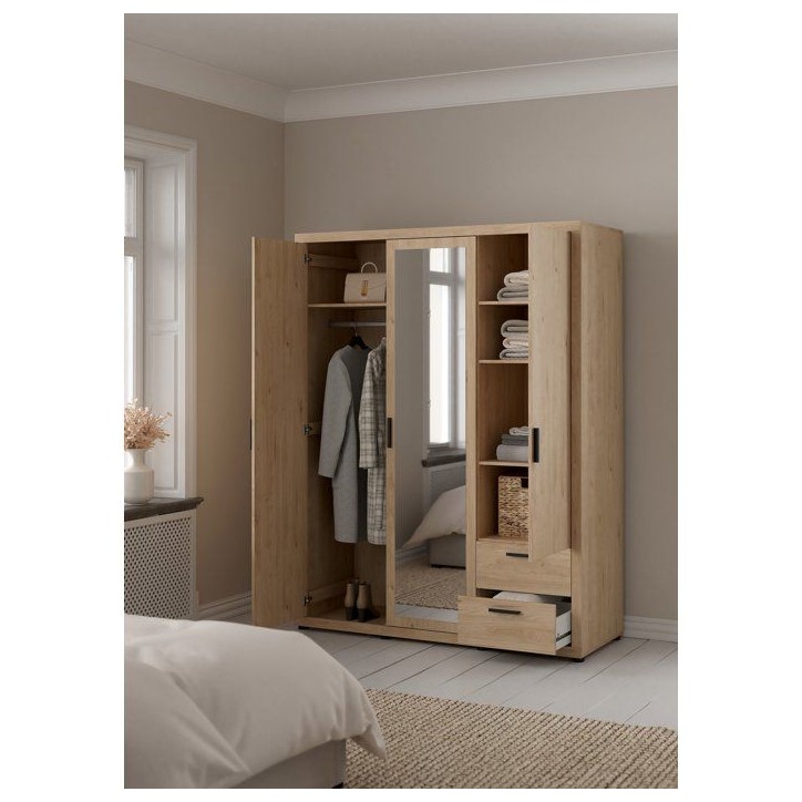 Armoire de chambre - MIRA - Chene - 3 portes dont 1 avec miroir - 2 tiroirs - 153,6 x 59,8 x 200,9 cm Armoire de chambre - MIRA - Chene - 3 portes dont 1 avec miroir - 2 tiroirs - 153,6 x 59,8 x 200,9 cm