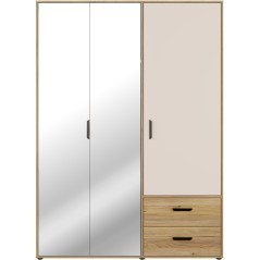 Armoire de chambre - MOKKARO - Décor Chene et sable - 3 portes battantes - 2 tiroirs - 2 miroirs - L144,4 x P52,7 x H200cm