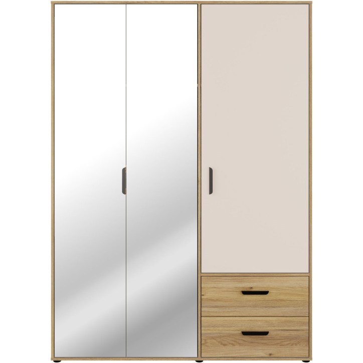 Armoire de chambre - MOKKARO - Décor Chene et sable - 3 portes battantes - 2 tiroirs - 2 miroirs - L144,4 x P52,7 x H200cm