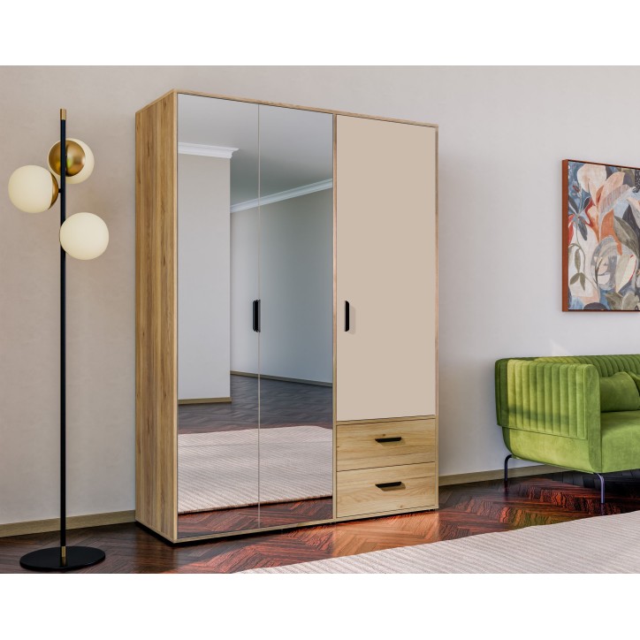 Armoire de chambre - MOKKARO - Décor Chene et sable - 3 portes battantes - 2 tiroirs - 2 miroirs - L144,4 x P52,7 x H200cm