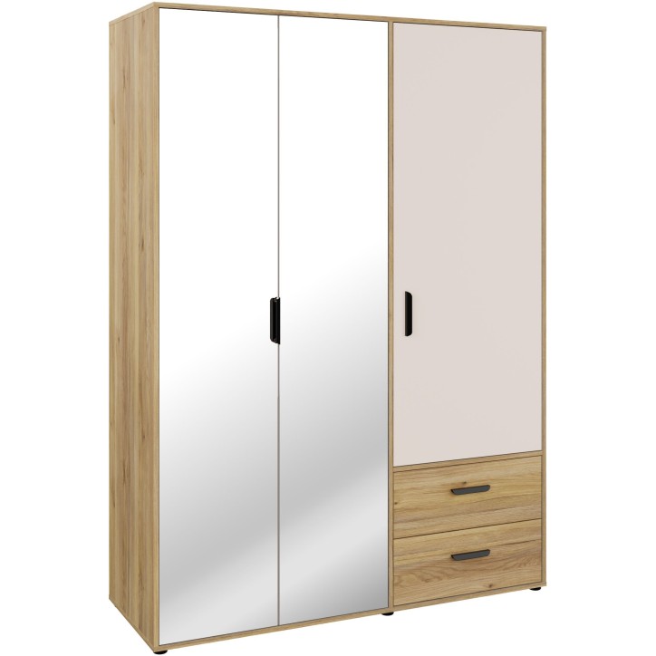 Armoire de chambre - MOKKARO - Décor Chene et sable - 3 portes battantes - 2 tiroirs - 2 miroirs - L144,4 x P52,7 x H200cm