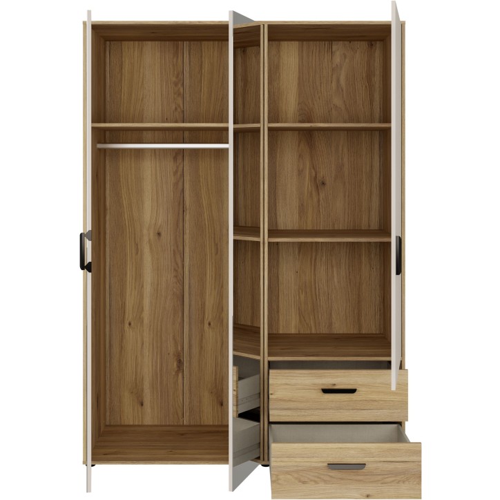 Armoire de chambre - MOKKARO - Décor Chene et sable - 3 portes battantes - 2 tiroirs - 2 miroirs - L144,4 x P52,7 x H200cm