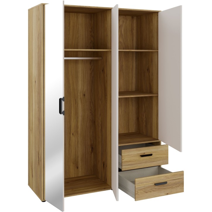 Armoire de chambre - MOKKARO - Décor Chene et sable - 3 portes battantes - 2 tiroirs - 2 miroirs - L144,4 x P52,7 x H200cm