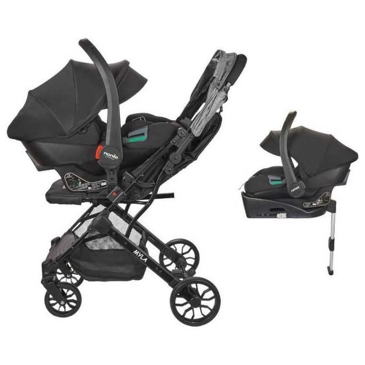 NANIA - Poussette combinée 2-en-1 avec siege auto Rimini + base isofix - MYLA - 4 roues - Noir