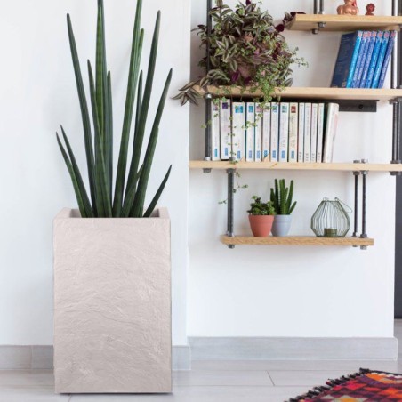 Pot de fleur Carré Haut 30 cm - EDA - Volcania Up - 36 L - Intérieur/Extérieur - 29,5 x 29,5 x H. 49,5 cm - Beige Calcaire