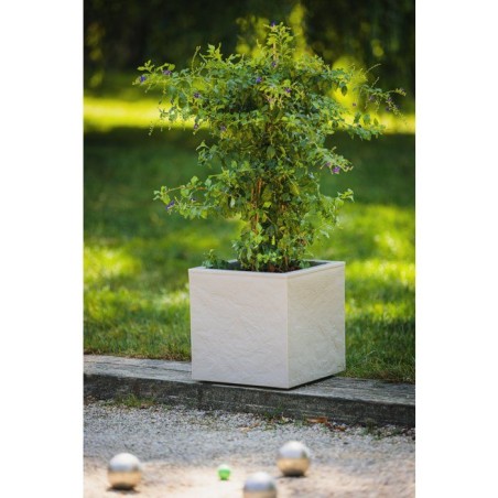 Pot de fleurs Carré 30 cm - EDA - Volcania Up - 21 L - Intérieur/Extérieur -Décor Pierre - 29,5 x 29,5 x H. 29,5 cm - Beige