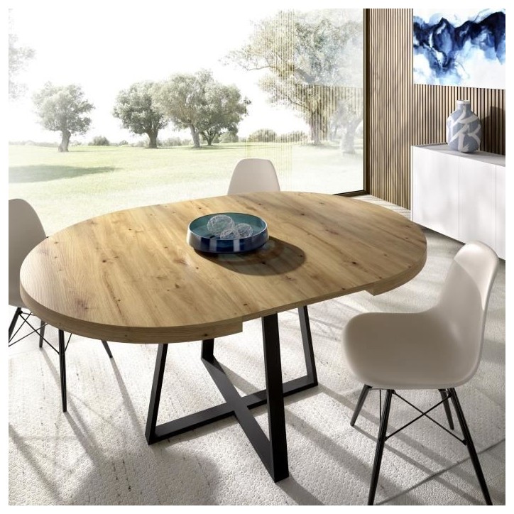 Table ronde extensible DUNA - 4 a 6 personnes - Décor chene - L110 x P110/152 x H77 cm Table ronde extensible DUNA - 4 a 6 personnes - Décor chene - L110 x P110/152 x H77 cm
