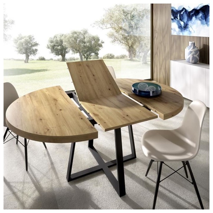 Table ronde extensible DUNA - 4 a 6 personnes - Décor chene - L110 x P110/152 x H77 cm Table ronde extensible DUNA - 4 a 6 personnes - Décor chene - L110 x P110/152 x H77 cm