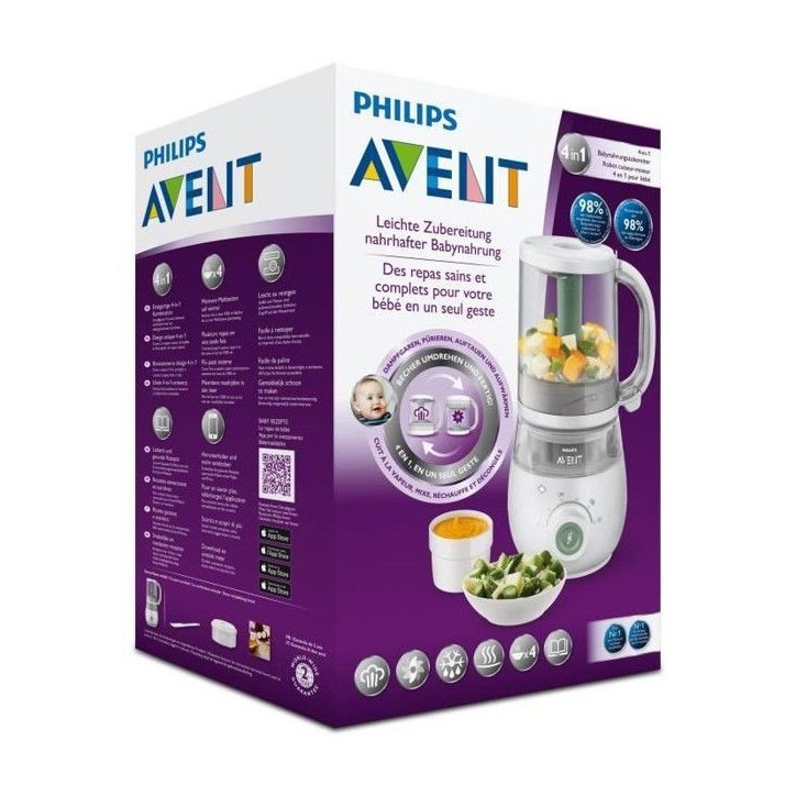 Robot Cuiseur-Mixeur 4 en 1 pour Bébé - PHILIPS AVENT - Cuit a la vapeur - Mixe - Réchauffe - Décongele Robot Cuiseur-Mixeur 4 en 1 pour Bébé - PHILIPS AVENT - Cuit a la vapeur - Mixe - Réchauffe - Décongele