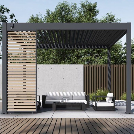 Panneau brise-vue - OMBREA - Ventelles horizontales - 1 m - Aluminium - Anthracite et ventelles finition bois