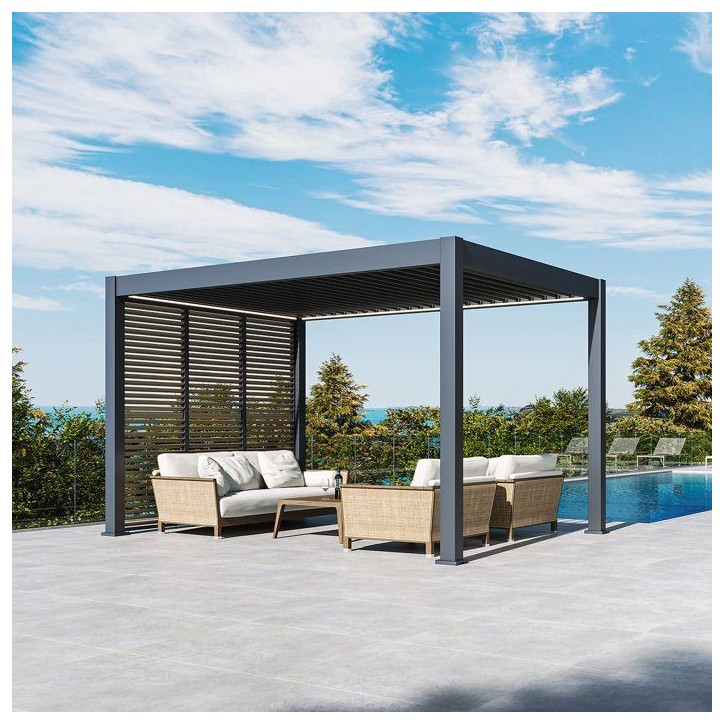 Panneau brise-vue - OMBREA - Ventelles horizontales mobiles - 1 m - Aluminium - Anthracite et ventelles finition bois