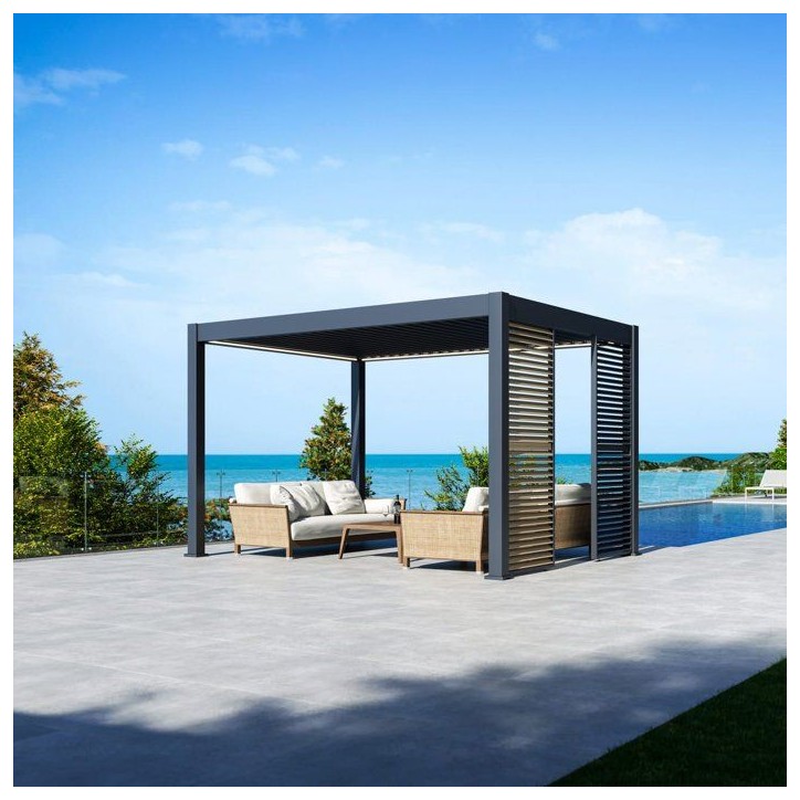 Panneau brise-vue - OMBREA - Ventelles horizontales mobiles - 1 m - Aluminium - Anthracite et ventelles finition bois