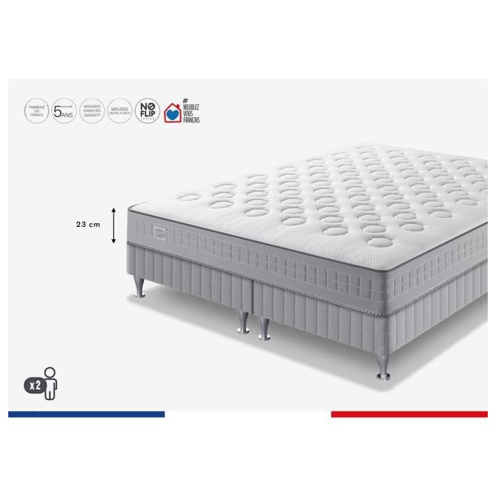 Ensemble matelas sommier 180 x 190 (Sommier 2x90) SIMMONS Hauteur 23 cm - Ressorts ensachés Sensoft - Fabriqué en France - SW1