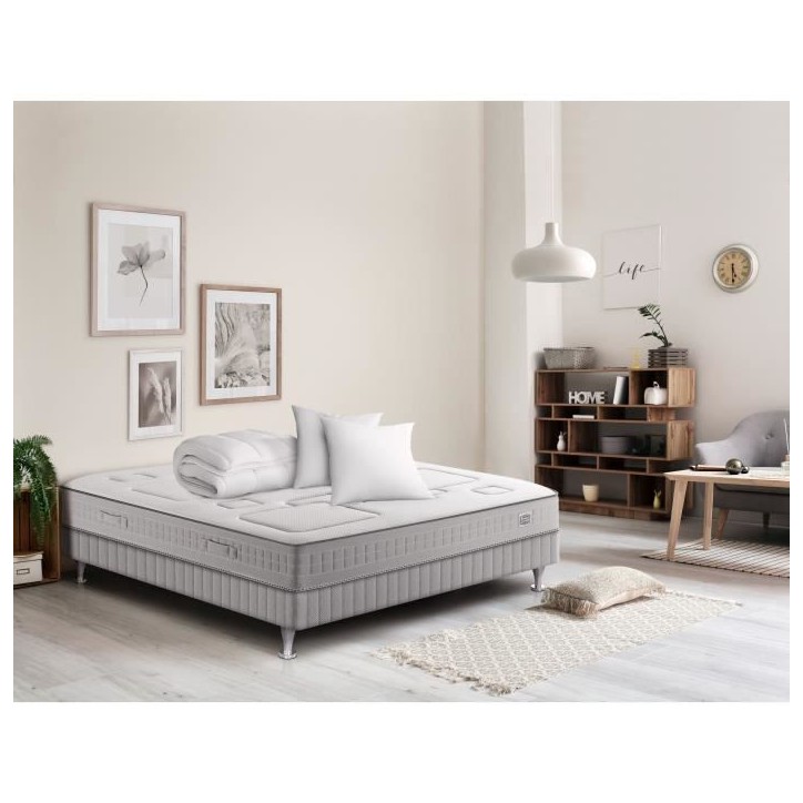 Ensemble matelas sommier 160 x 200 SIMMONS + Couette Oreillers - Hauteur 25 cm - Ressorts Sensoft - Fabriqué en France - SW3