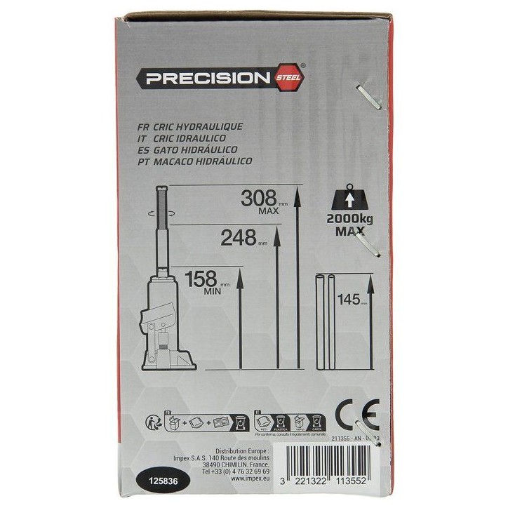 Cric hydraulique bouteille 2T - PRECISION STEEL
