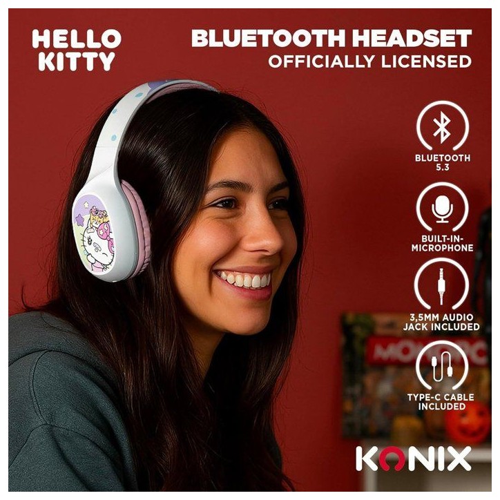 Casque audio - Sans fil - Konix - Hello Kitty - Bluetooth 5.3 PC, smartphones et tablettes - Autonomie 30 h - Blanc et rose