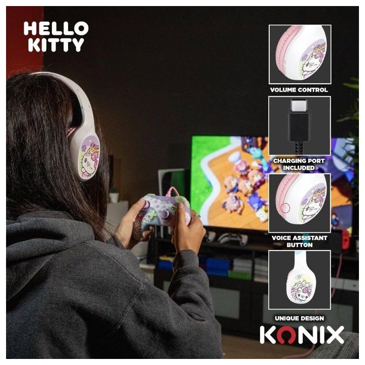 Casque audio - Sans fil - Konix - Hello Kitty - Bluetooth 5.3 PC, smartphones et tablettes - Autonomie 30 h - Blanc et rose
