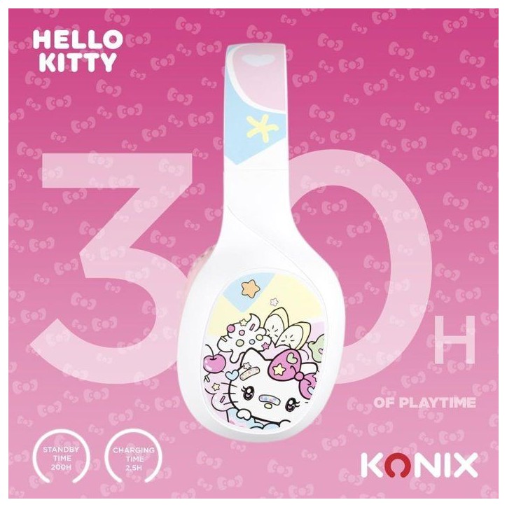 Casque audio - Sans fil - Konix - Hello Kitty - Bluetooth 5.3 PC, smartphones et tablettes - Autonomie 30 h - Blanc et rose