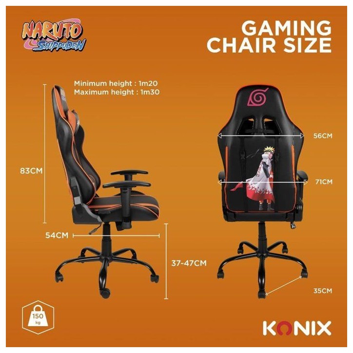 Chaise de bureau gaming premium - KONIX - Naruto Hokage Shippuden - Inclinaison 150° - Cuir - Coussin lombaires et cervicaux
