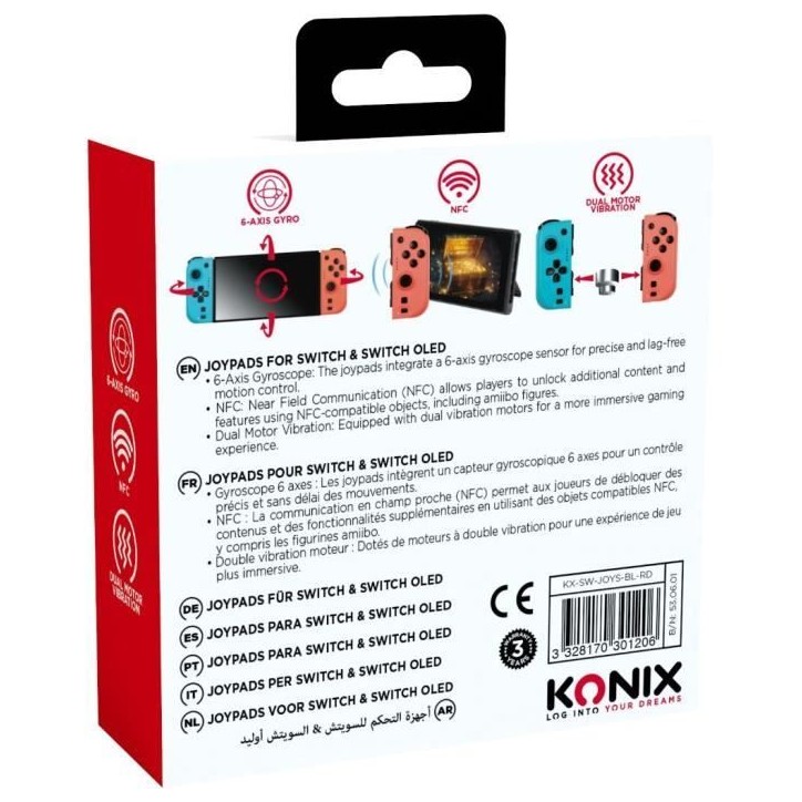 Manettes Joypads - Nintendo Switch et Switch OLED - KONIX - Autonomie 8 h - Fonction vibration - Bleu et rouge Manettes Joypads - Nintendo Switch et Switch OLED - KONIX - Autonomie 8 h - Fonction vibration - Bleu et rouge
