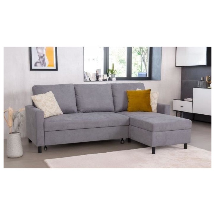 Canapé d'angle convertible - 4 places - AYA - Tissu Gris - Coffre - 212 x 144 x 87 cm