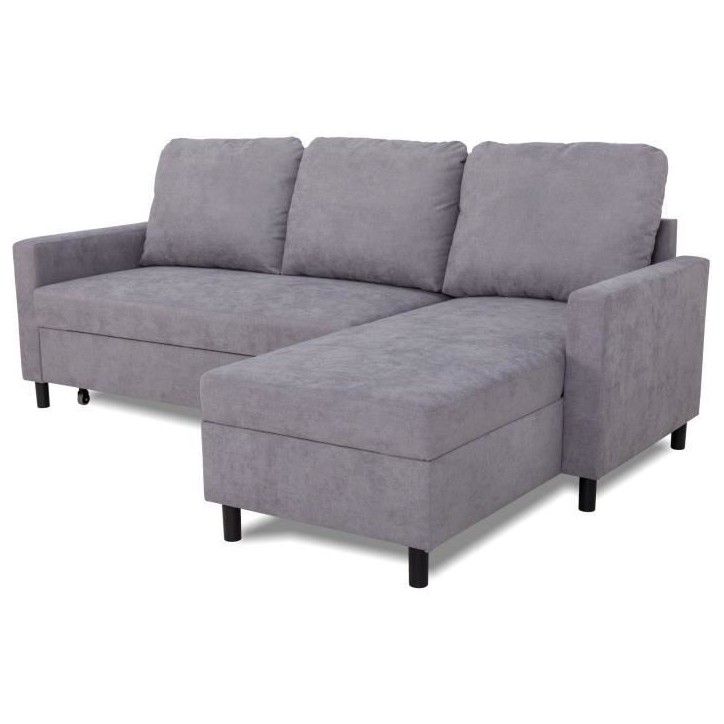 Canapé d'angle convertible - 4 places - AYA - Tissu Gris - Coffre - 212 x 144 x 87 cm
