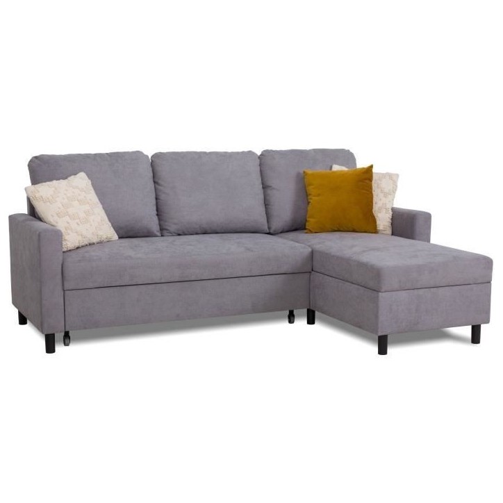 Canapé d'angle convertible - 4 places - AYA - Tissu Gris - Coffre - 212 x 144 x 87 cm