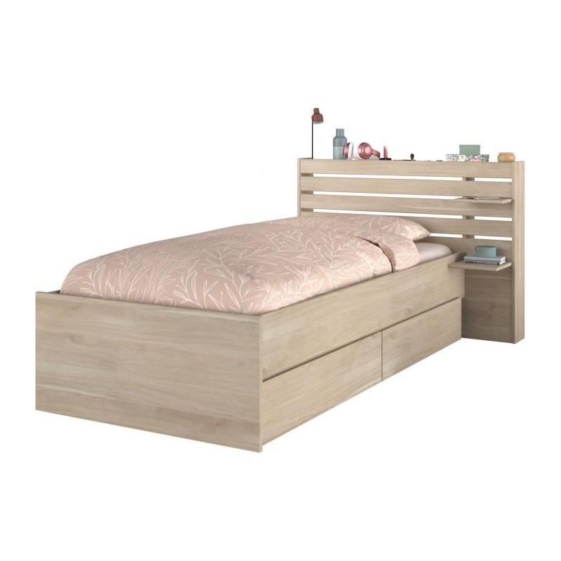 Lit enfant ESCALE 90x190/200 cm - Décor chene - Tete de lit + 2 tiroi
