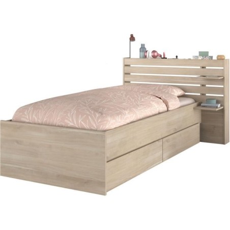 Lit enfant ESCALE 90x190/200 cm - Décor chene - Tete de lit + 2 tiroi