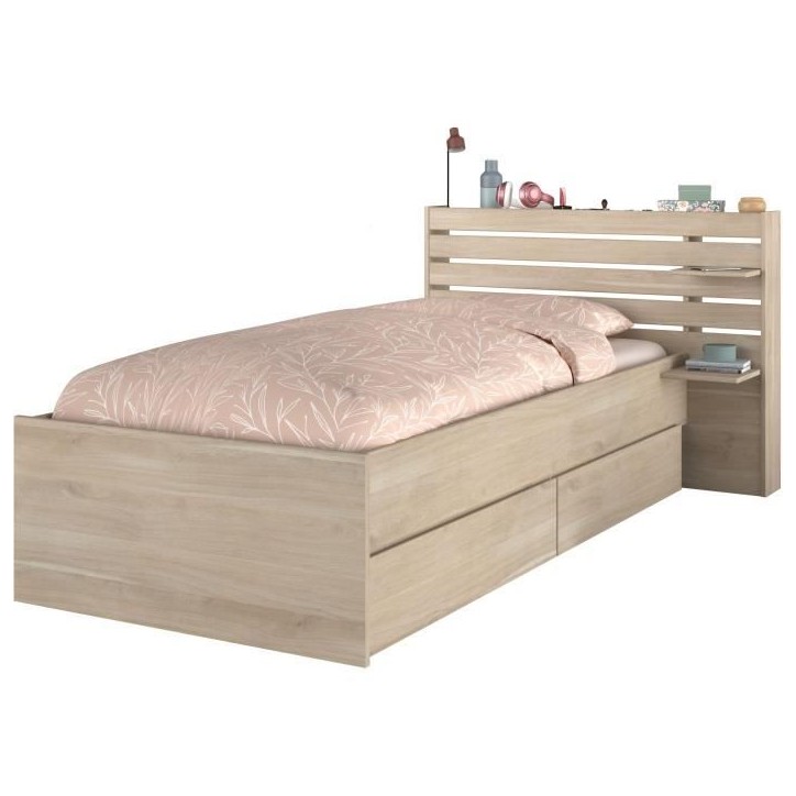 Lit enfant ESCALE 90x190/200 cm - Décor chene - Tete de lit + 2 tiroirs - L121,5 x H88,6 x P216,8 cm Lit enfant ESCALE 90x190/200 cm - Décor chene - Tete de lit + 2 tiroirs - L121,5 x H88,6 x P216,8 cm