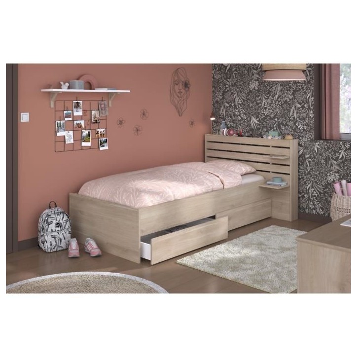 Lit enfant ESCALE 90x190/200 cm - Décor chene - Tete de lit + 2 tiroirs - L121,5 x H88,6 x P216,8 cm Lit enfant ESCALE 90x190/200 cm - Décor chene - Tete de lit + 2 tiroirs - L121,5 x H88,6 x P216,8 cm
