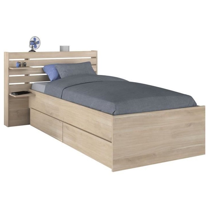 Lit enfant ESCALE 90x190/200 cm - Décor chene - Tete de lit + 2 tiroirs - L121,5 x H88,6 x P216,8 cm Lit enfant ESCALE 90x190/200 cm - Décor chene - Tete de lit + 2 tiroirs - L121,5 x H88,6 x P216,8 cm