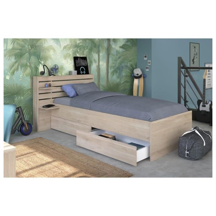 Lit enfant ESCALE 90x190/200 cm - Décor chene - Tete de lit + 2 tiroirs - L121,5 x H88,6 x P216,8 cm Lit enfant ESCALE 90x190/200 cm - Décor chene - Tete de lit + 2 tiroirs - L121,5 x H88,6 x P216,8 cm