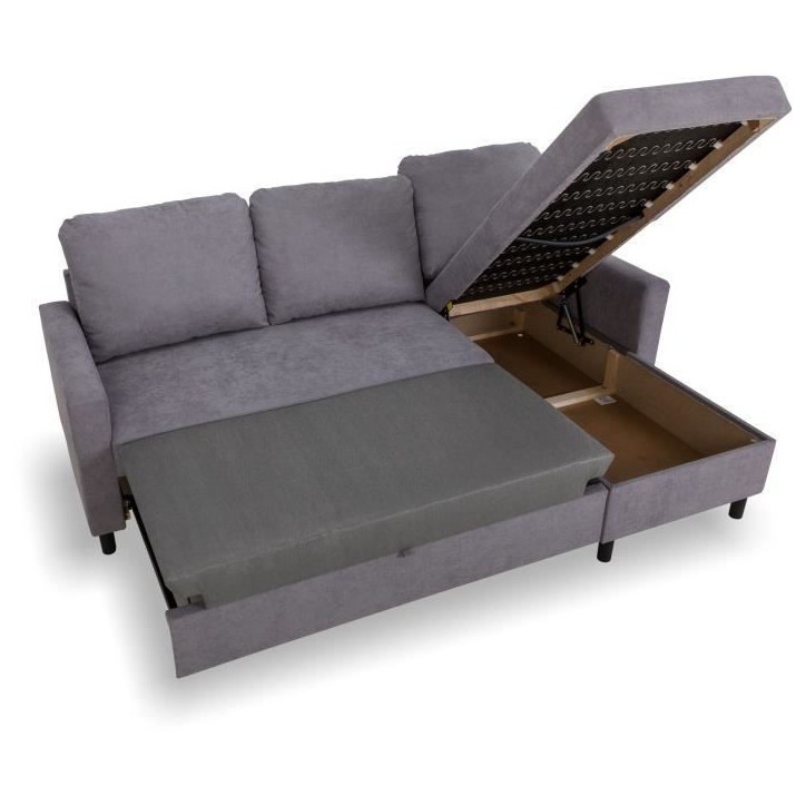 Canapé d'angle convertible - 4 places - AYA - Tissu Gris - Coffre - 212 x 144 x 87 cm